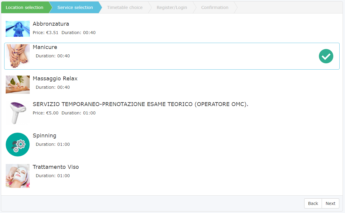 sélection du service à réserver en ligne