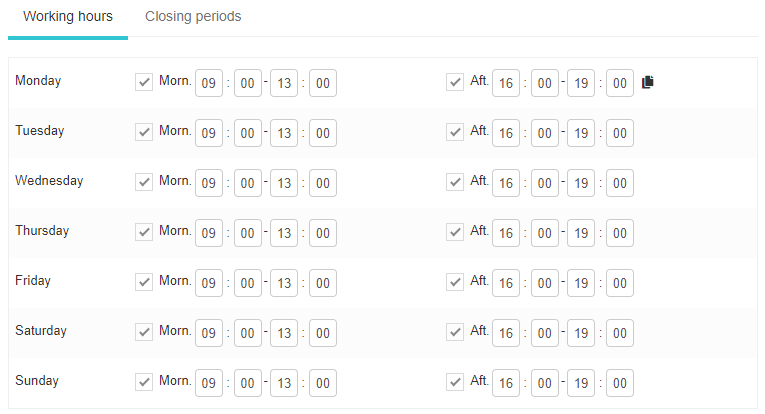 Available hours for bookings