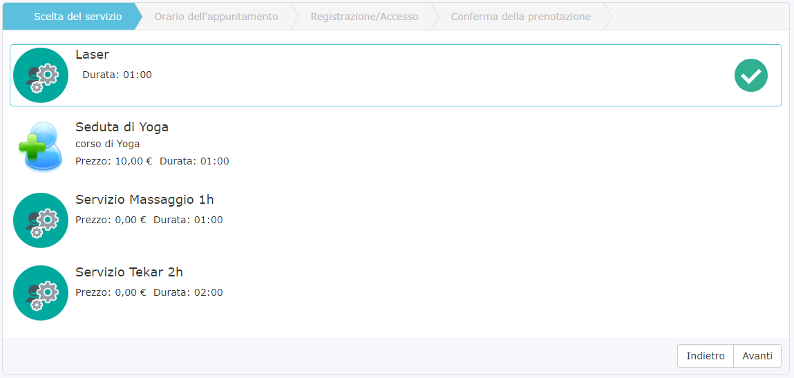 scelta del servizio da prenotare online